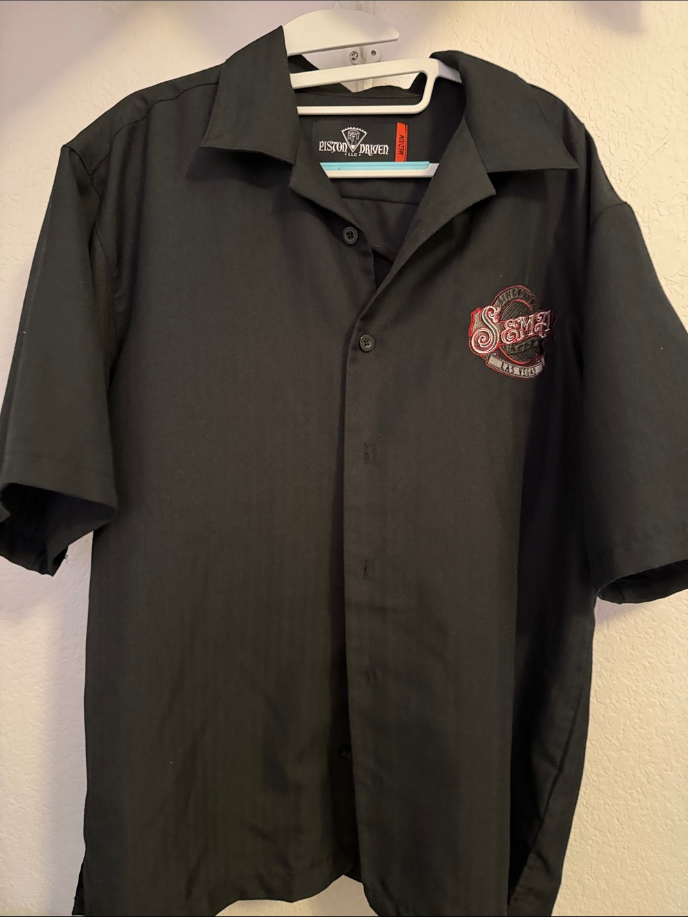 Black Short-Sleeve Button Shirt with Embroidered Logo